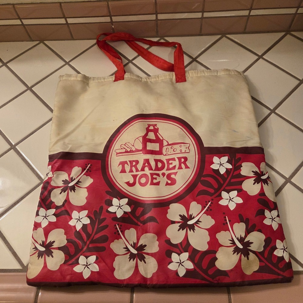 Trader Joe's Red Hibiscus Floral Canvas Reusable Grocery Market Tote Bag